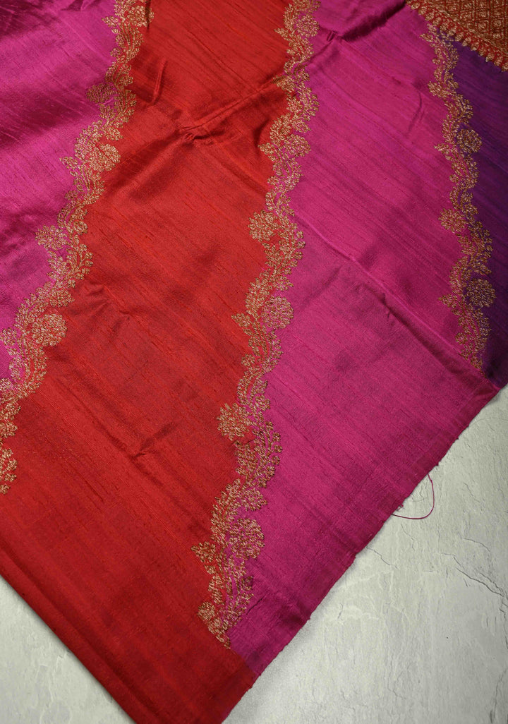 Multicolor Borderless Raw Silk Banarasi Brush Dye Saree with Rangkaat Style and Antique Zari Daignoal Stripes | SILK MARK CERTIFIED