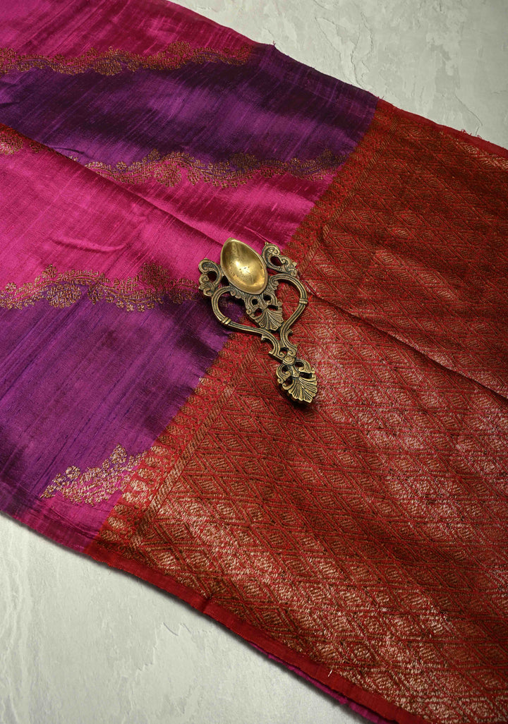 Multicolor Borderless Raw Silk Banarasi Brush Dye Saree with Rangkaat Style and Antique Zari Daignoal Stripes | SILK MARK CERTIFIED