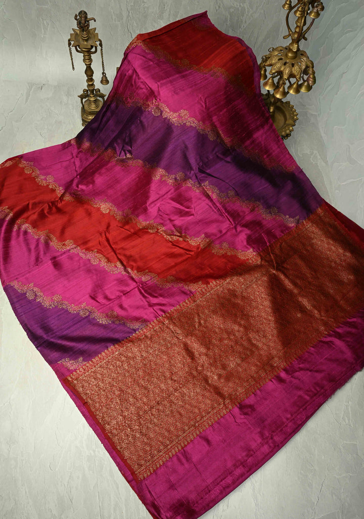 Multicolor Borderless Raw Silk Banarasi Brush Dye Saree with Rangkaat Style and Antique Zari Daignoal Stripes | SILK MARK CERTIFIED
