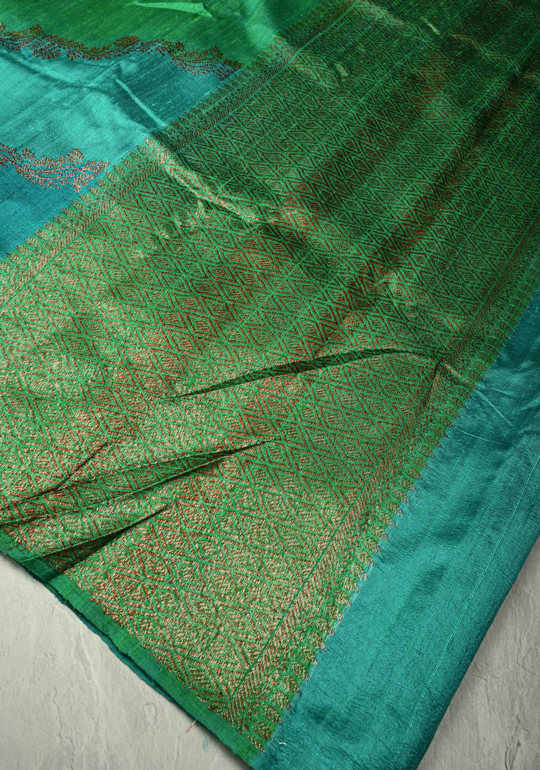 Multicolor Borderless Raw Silk Banarasi Brush Dye Saree with Rangkaat Style and Antique Zari Daignoal Stripes | SILK MARK CERTIFIED