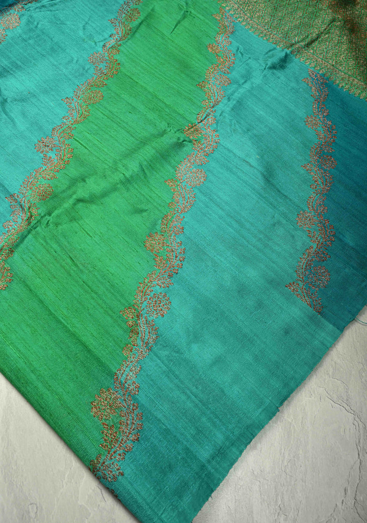 Multicolor Borderless Raw Silk Banarasi Brush Dye Saree with Rangkaat Style and Antique Zari Daignoal Stripes | SILK MARK CERTIFIED