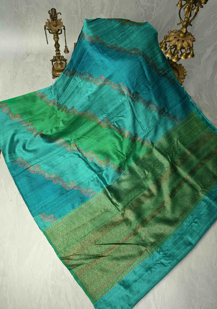 Multicolor Borderless Raw Silk Banarasi Brush Dye Saree with Rangkaat Style and Antique Zari Daignoal Stripes | SILK MARK CERTIFIED