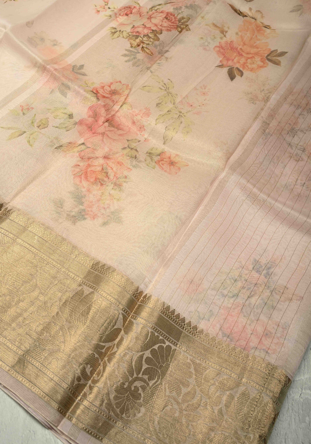 Blush Pink Pure Organza Silk Saree with Floral Digital Print and Zari Border | SILK MARK CERTIFIED