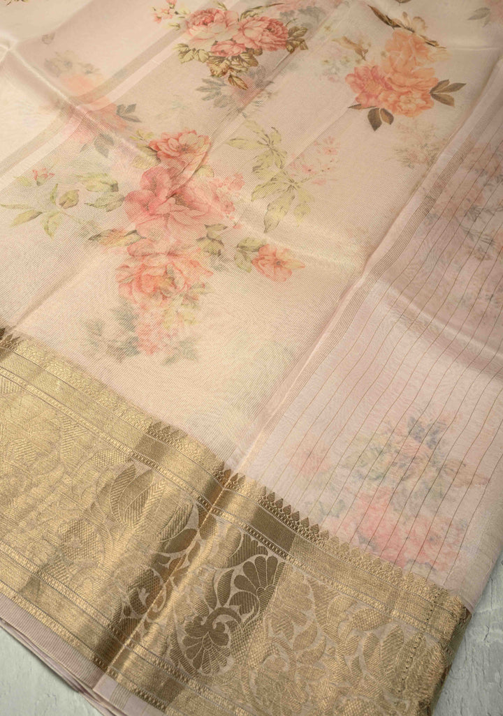 Blush Pink Pure Organza Silk Saree with Floral Digital Print and Zari Border | SILK MARK CERTIFIED