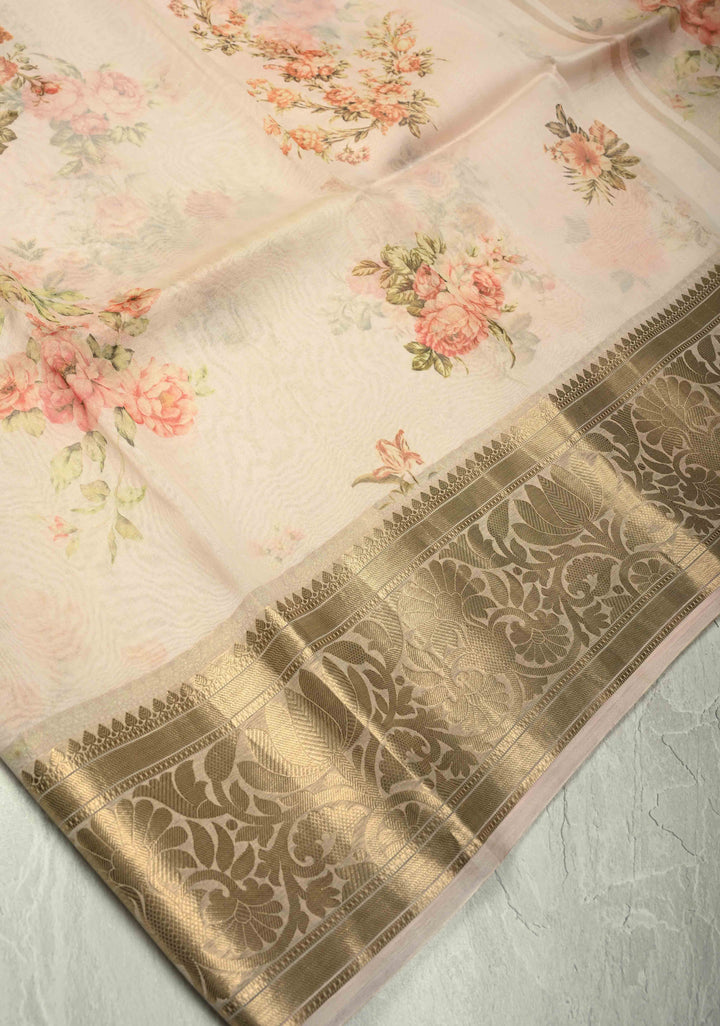 Blush Pink Pure Organza Silk Saree with Floral Digital Print and Zari Border | SILK MARK CERTIFIED