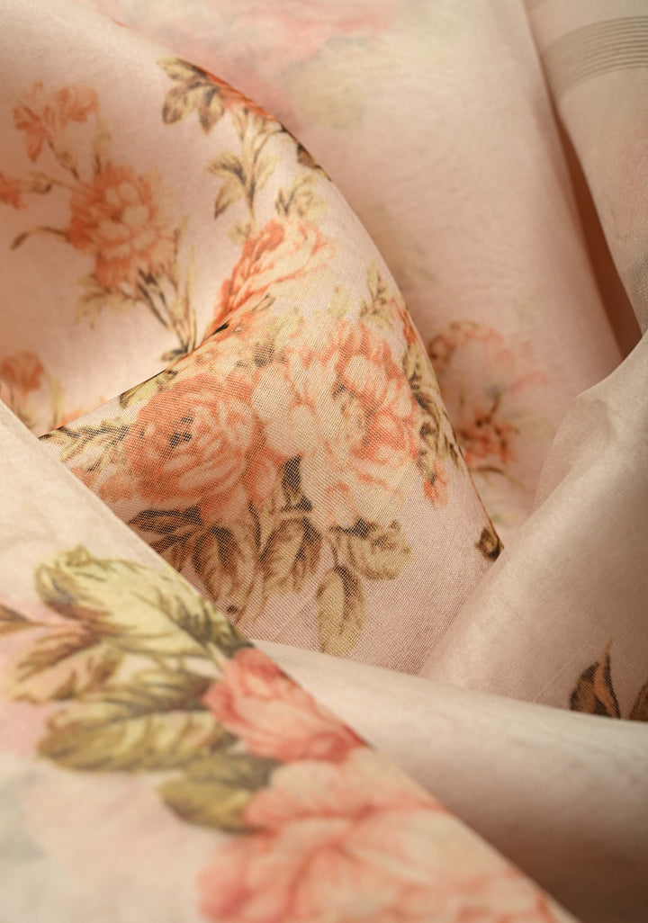 Blush Pink Pure Organza Silk Saree with Floral Digital Print and Zari Border | SILK MARK CERTIFIED