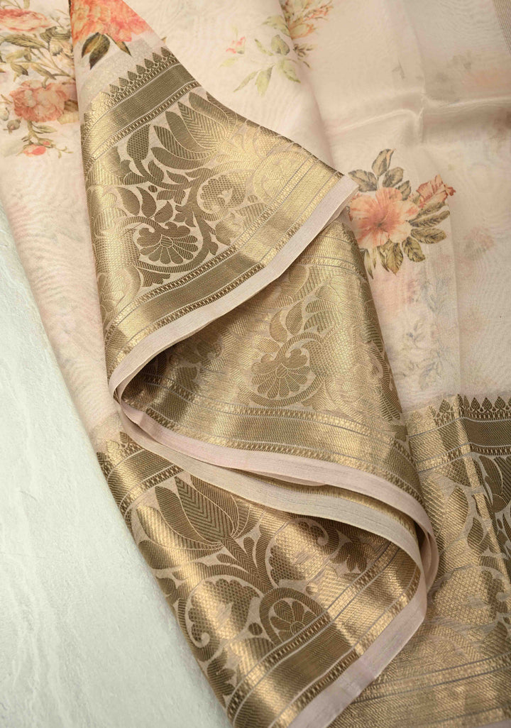 Blush Pink Pure Organza Silk Saree with Floral Digital Print and Zari Border | SILK MARK CERTIFIED