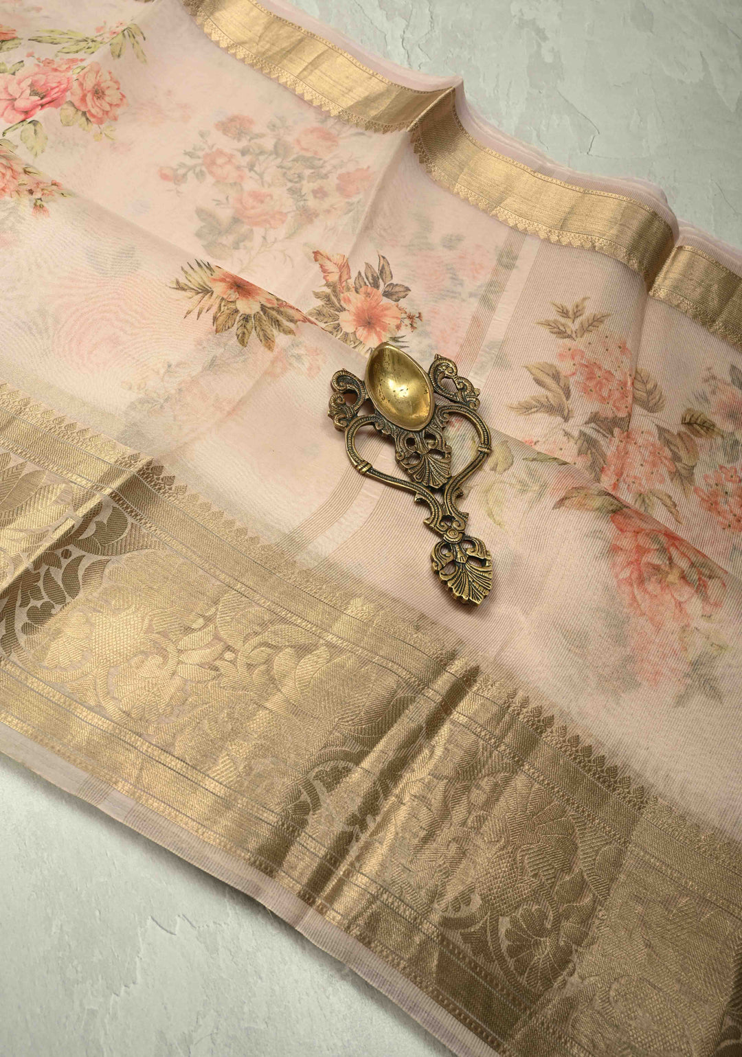 Blush Pink Pure Organza Silk Saree with Floral Digital Print and Zari Border | SILK MARK CERTIFIED