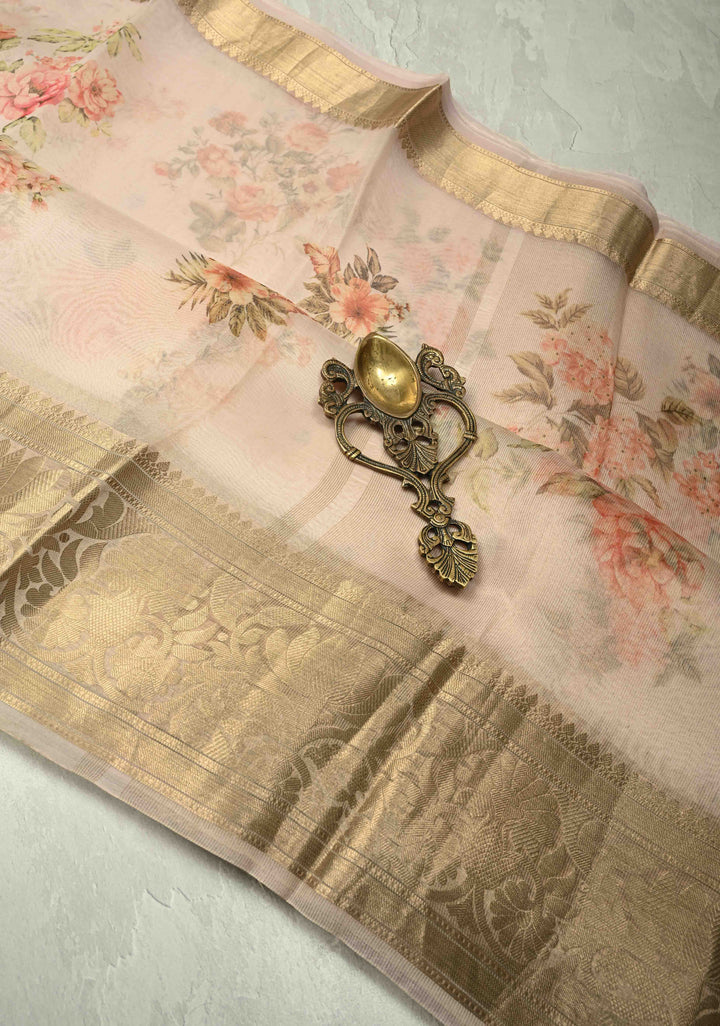 Blush Pink Pure Organza Silk Saree with Floral Digital Print and Zari Border | SILK MARK CERTIFIED