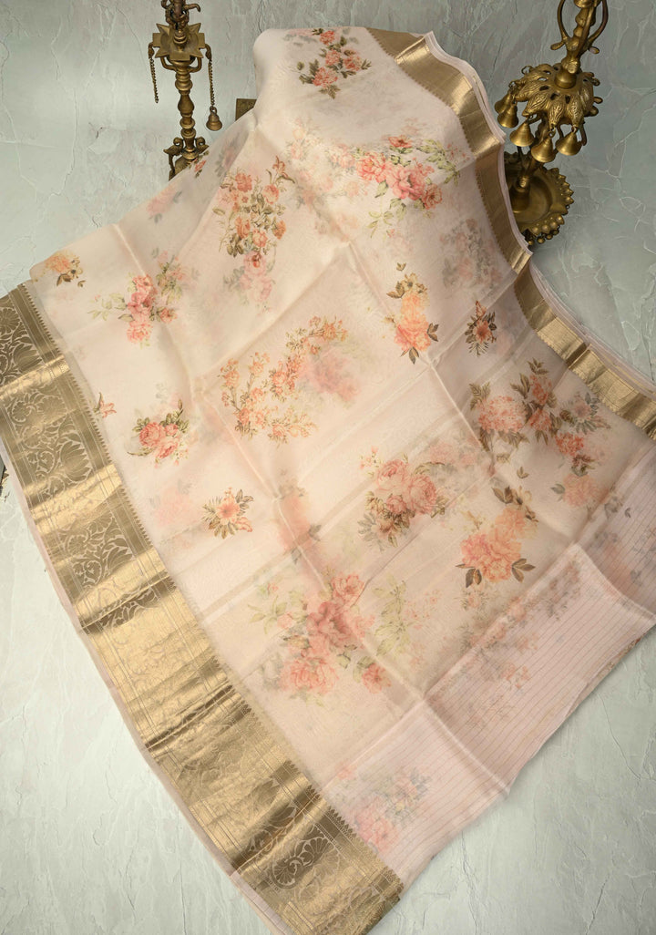 Blush Pink Pure Organza Silk Saree with Floral Digital Print and Zari Border | SILK MARK CERTIFIED