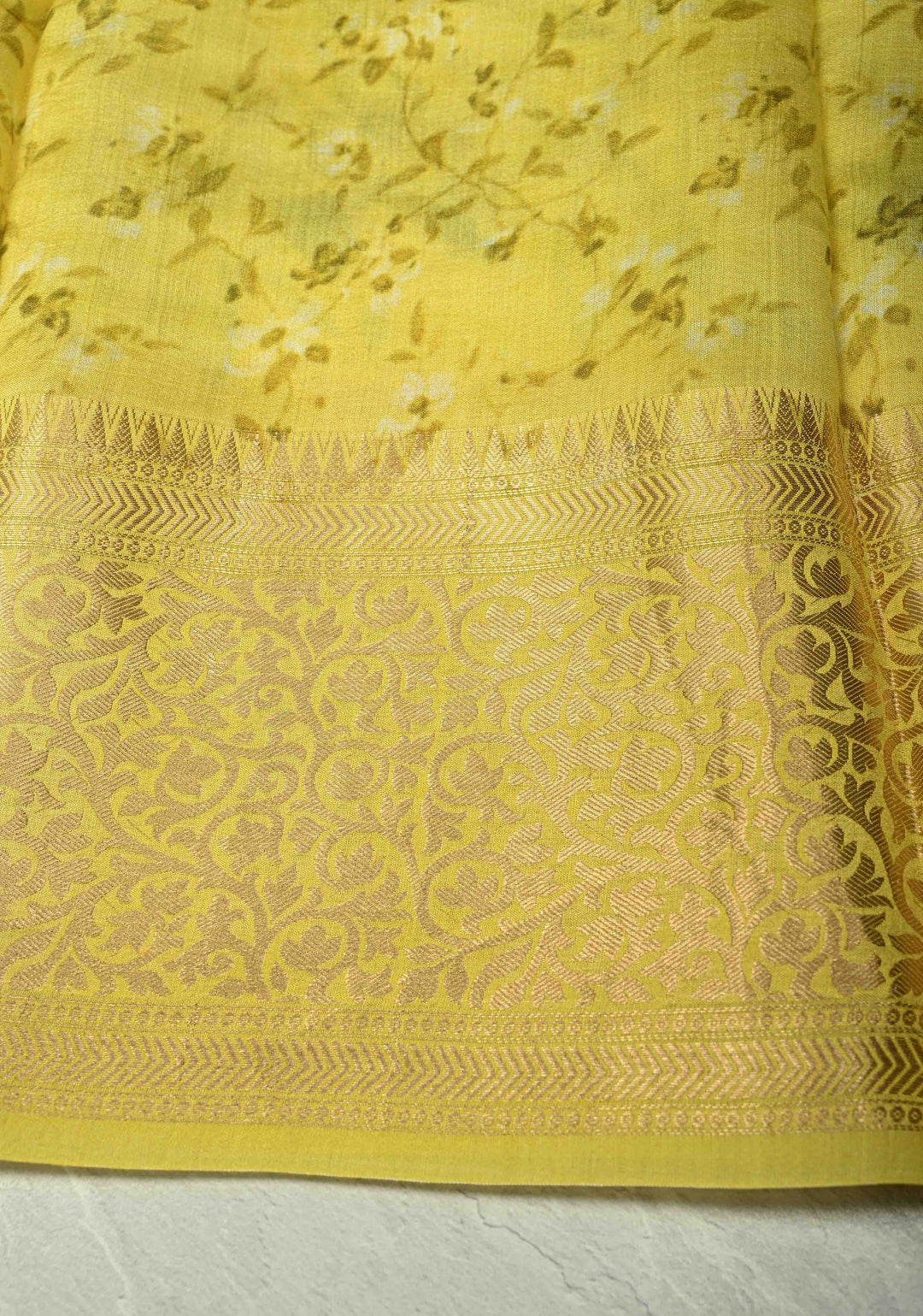 Canary Yellow Pure Organza Silk Saree with Floral Print and Zari Border | SILK MARK CERTIFIED