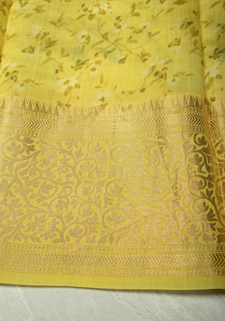 Canary Yellow Pure Organza Silk Saree with Floral Print and Zari Border | SILK MARK CERTIFIED