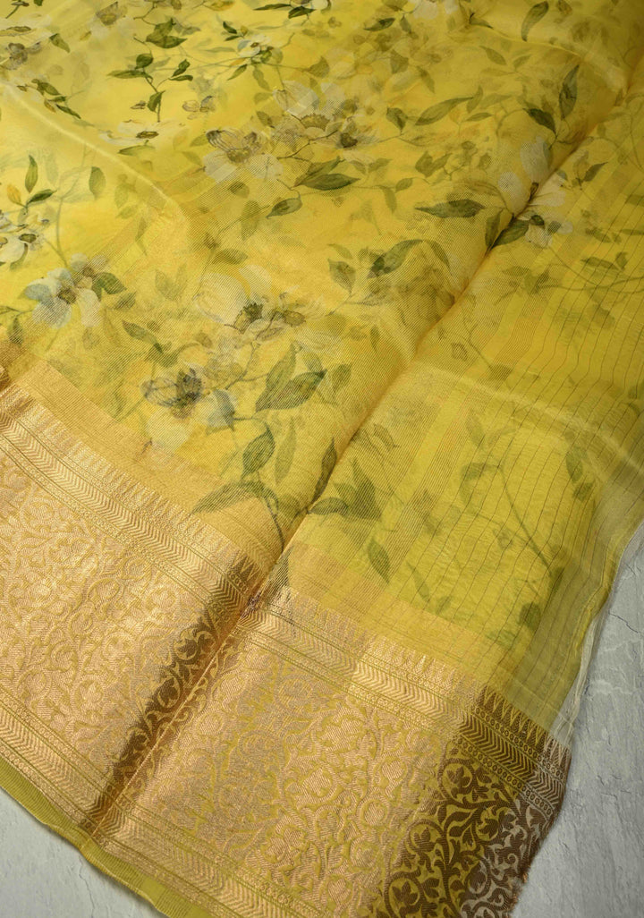Canary Yellow Pure Organza Silk Saree with Floral Print and Zari Border | SILK MARK CERTIFIED