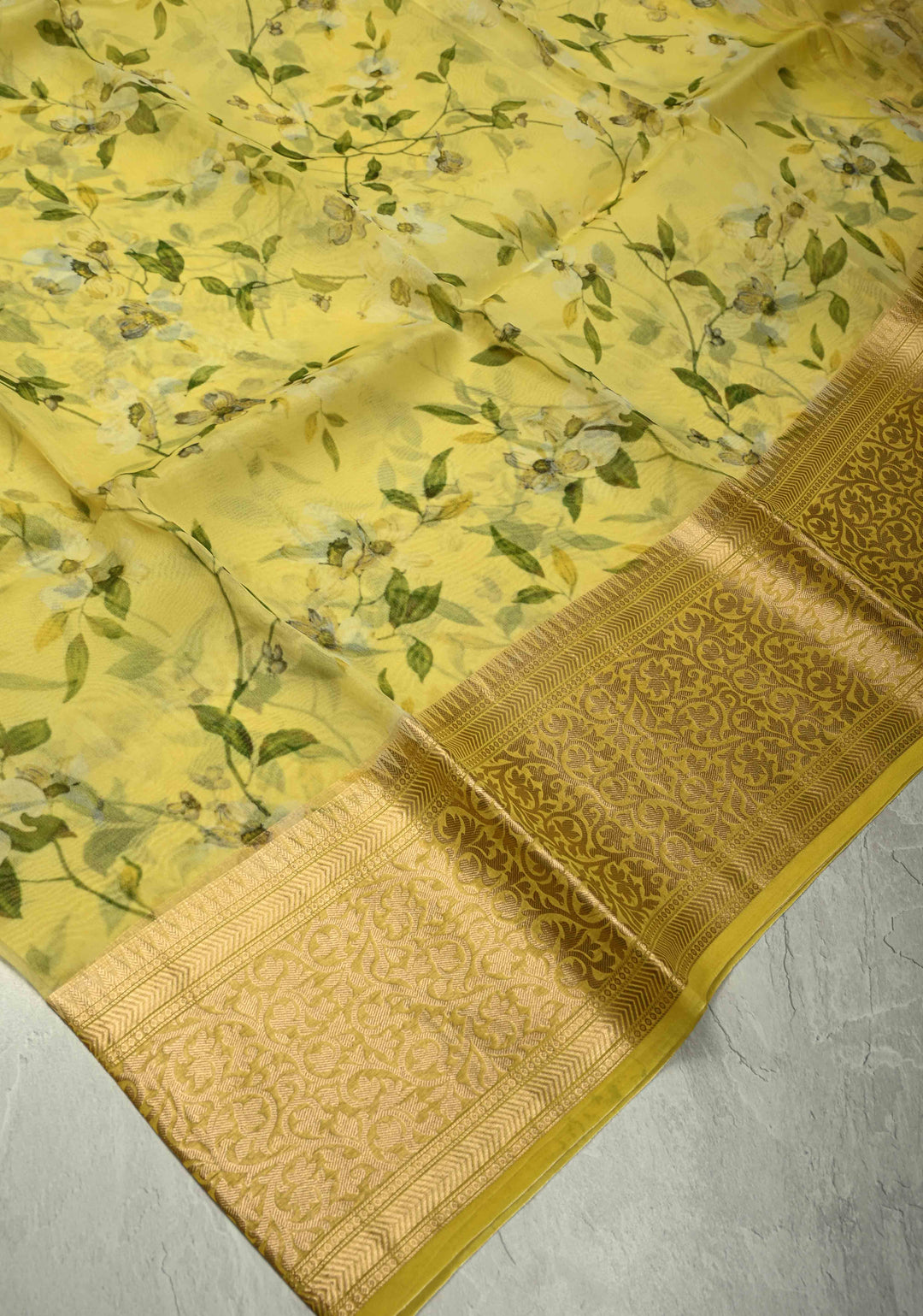 Canary Yellow Pure Organza Silk Saree with Floral Print and Zari Border | SILK MARK CERTIFIED