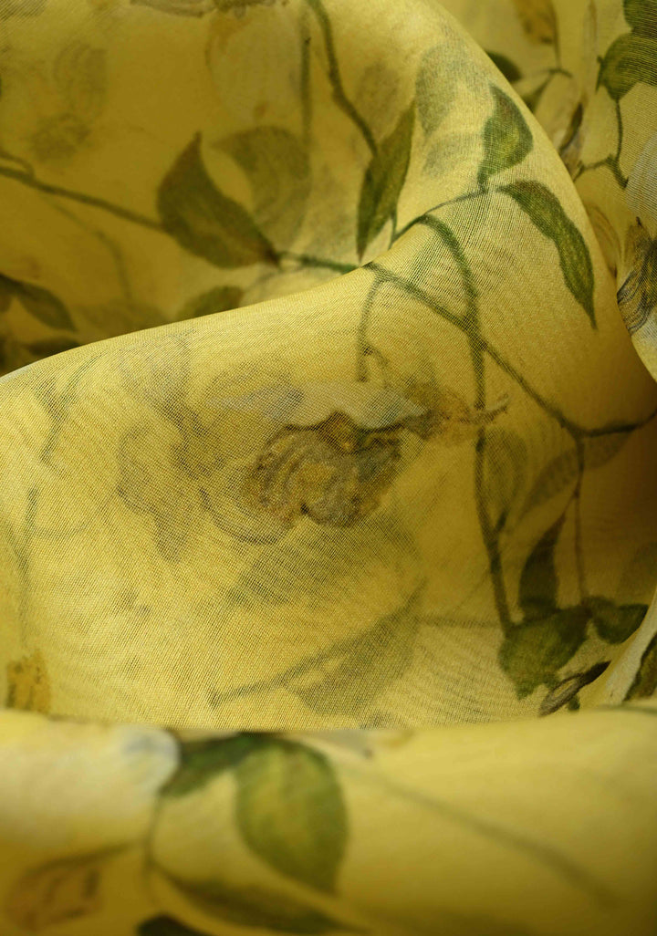 Canary Yellow Pure Organza Silk Saree with Floral Print and Zari Border | SILK MARK CERTIFIED