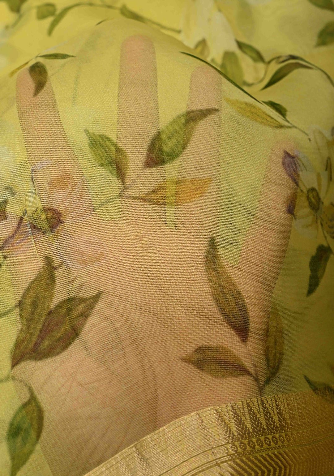 Canary Yellow Pure Organza Silk Saree with Floral Print and Zari Border | SILK MARK CERTIFIED