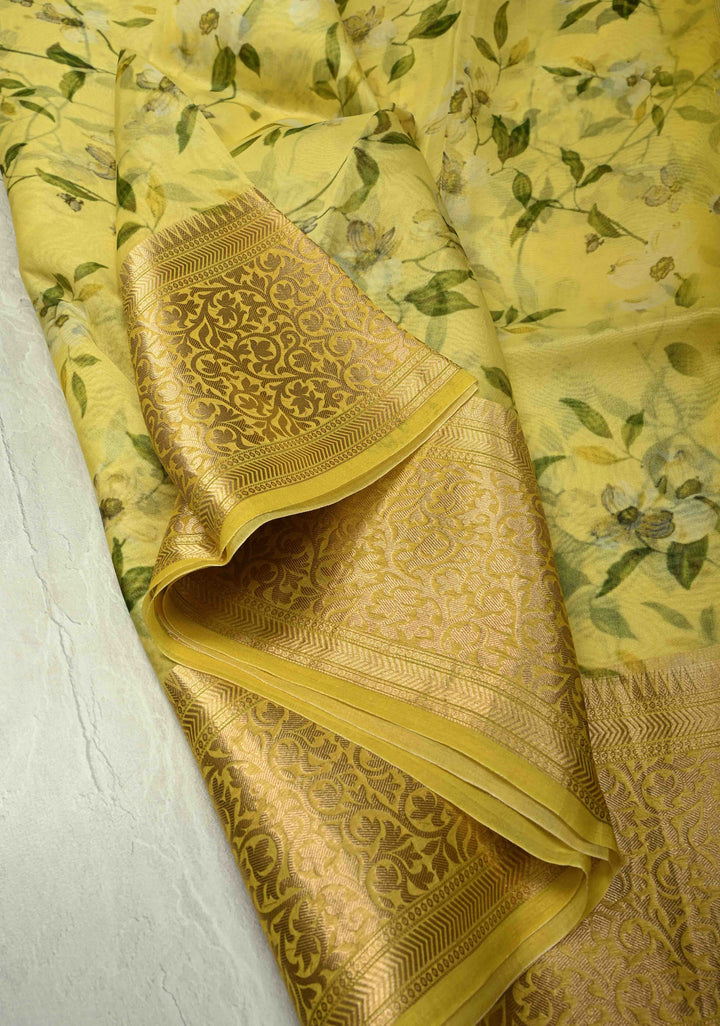 Canary Yellow Pure Organza Silk Saree with Floral Print and Zari Border | SILK MARK CERTIFIED