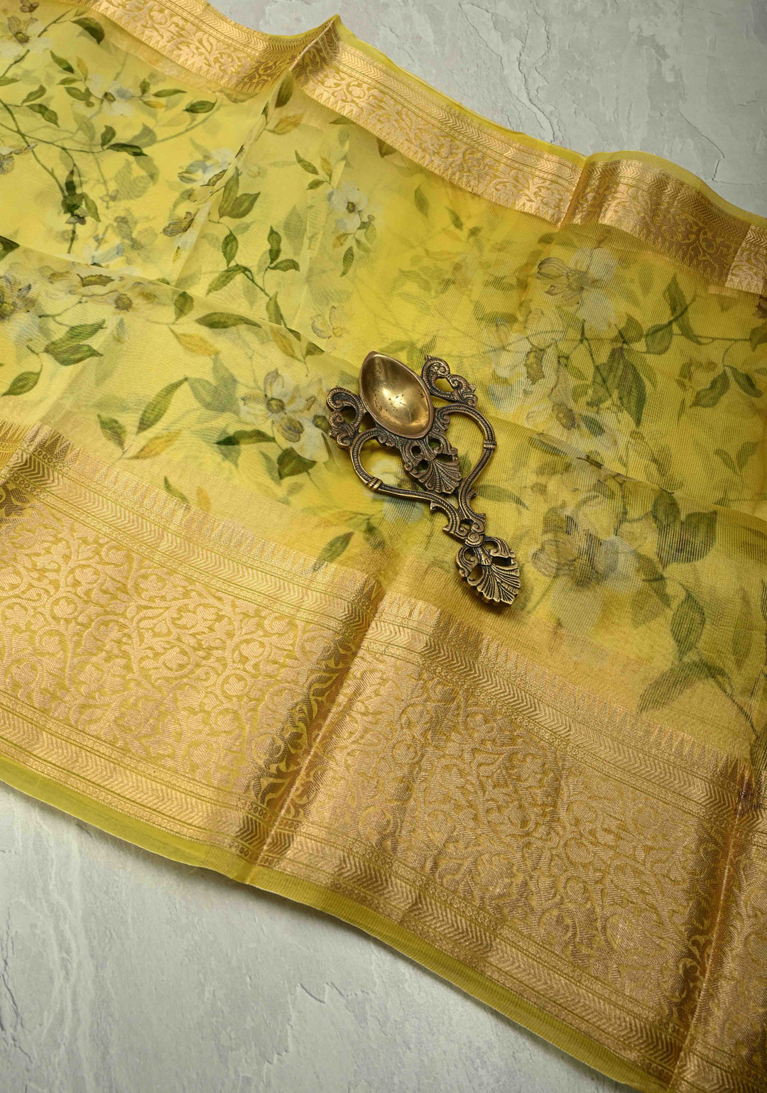 Canary Yellow Pure Organza Silk Saree with Floral Print and Zari Border | SILK MARK CERTIFIED