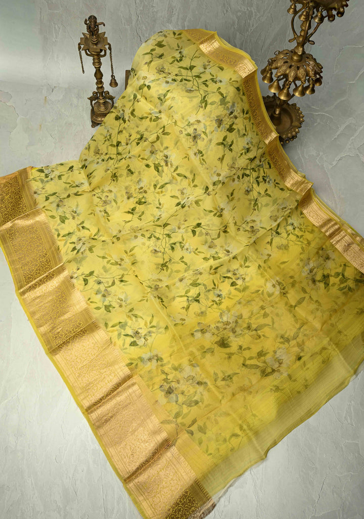 Canary Yellow Pure Organza Silk Saree with Floral Print and Zari Border | SILK MARK CERTIFIED
