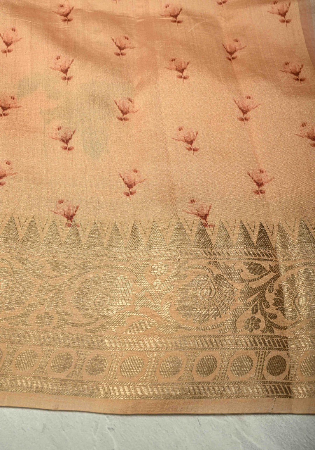 Peach Pure Organza Silk Saree with Floral Digital Print and Zari Border | SILK MARK CERTIFIED