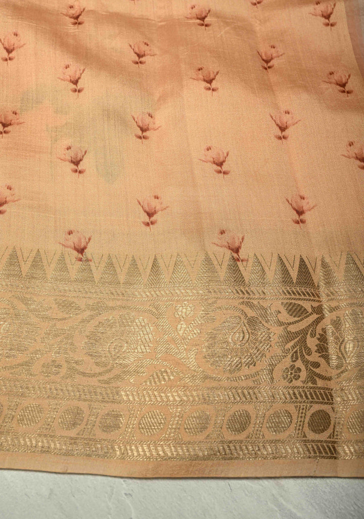 Peach Pure Organza Silk Saree with Floral Digital Print and Zari Border | SILK MARK CERTIFIED