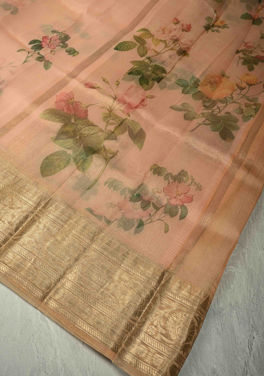 Peach Pure Organza Silk Saree with Floral Digital Print and Zari Border | SILK MARK CERTIFIED
