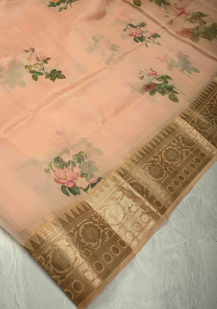 Peach Pure Organza Silk Saree with Floral Digital Print and Zari Border | SILK MARK CERTIFIED