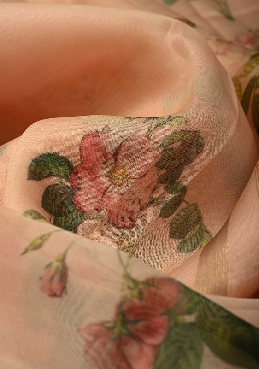 Peach Pure Organza Silk Saree with Floral Digital Print and Zari Border | SILK MARK CERTIFIED