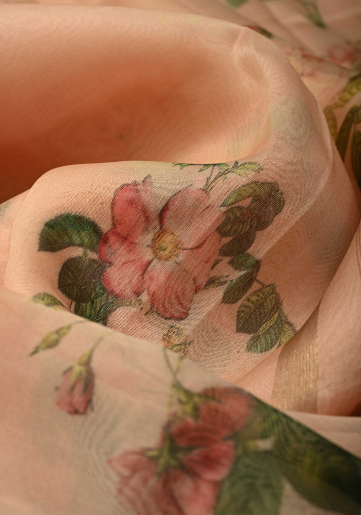 Peach Pure Organza Silk Saree with Floral Digital Print and Zari Border | SILK MARK CERTIFIED