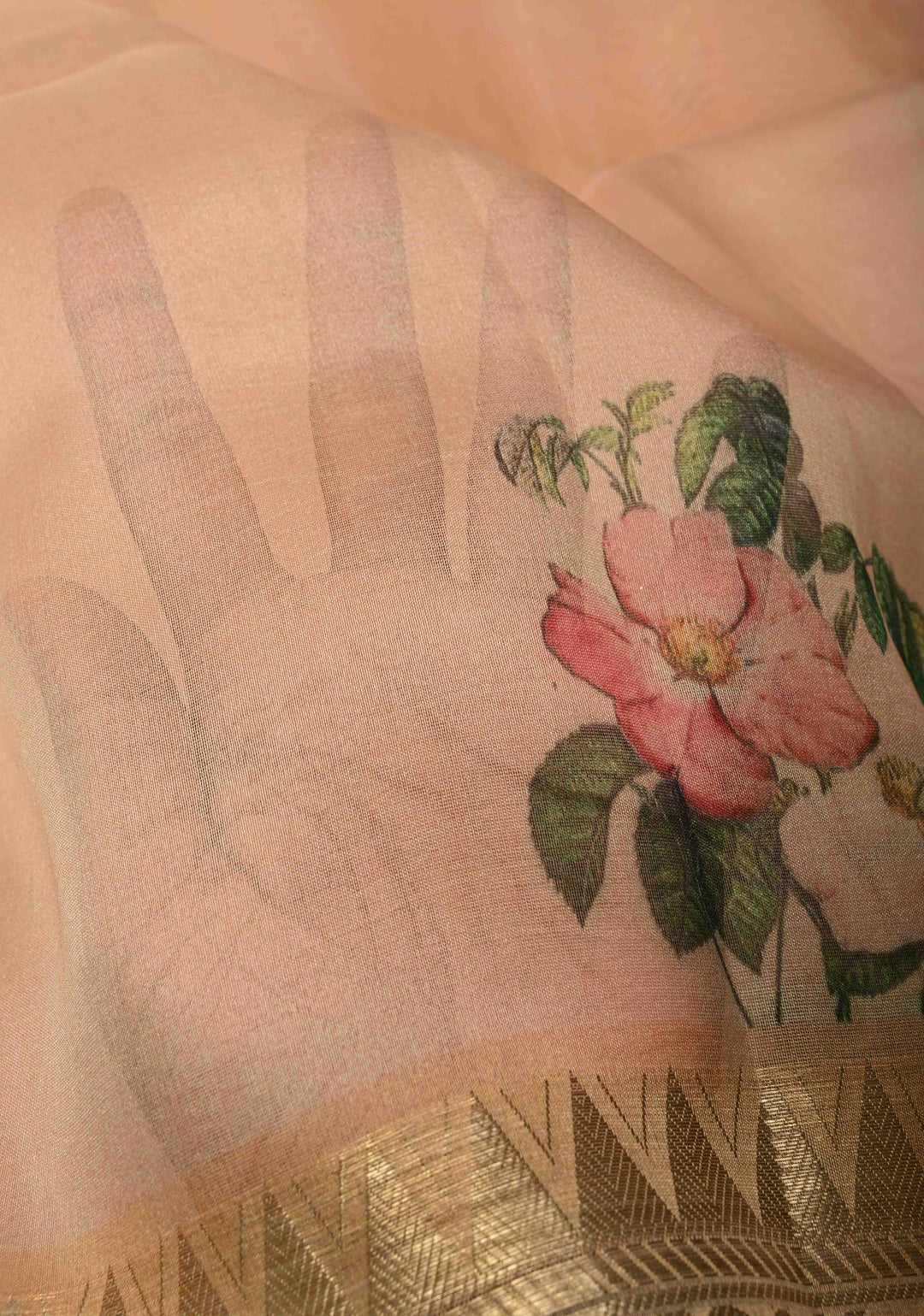 Peach Pure Organza Silk Saree with Floral Digital Print and Zari Border | SILK MARK CERTIFIED