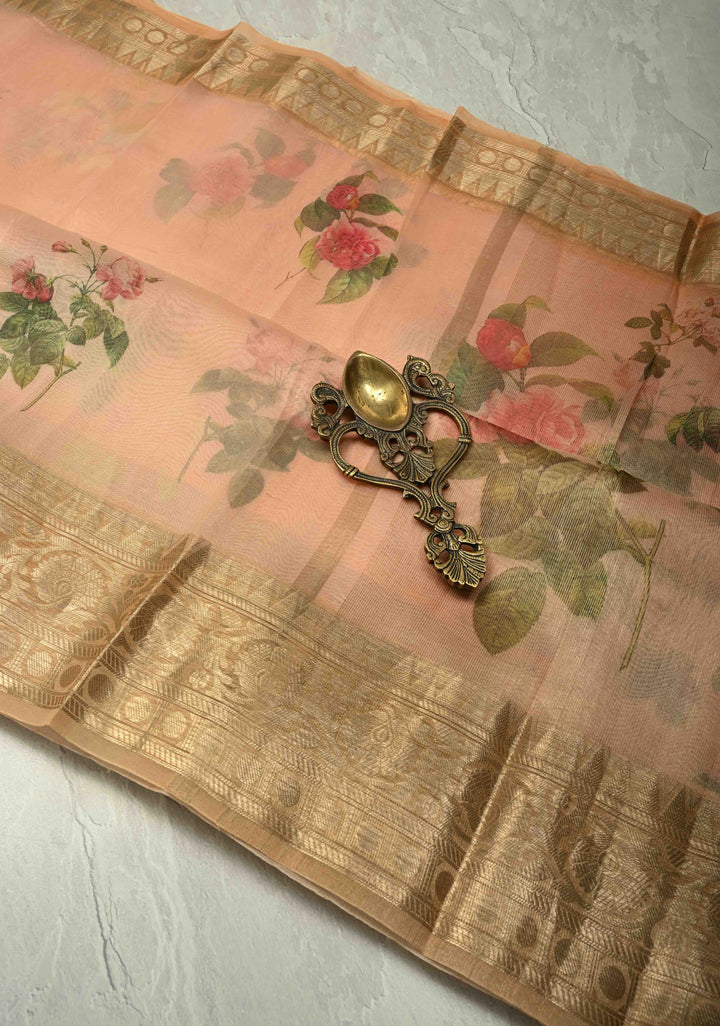 Peach Pure Organza Silk Saree with Floral Digital Print and Zari Border | SILK MARK CERTIFIED