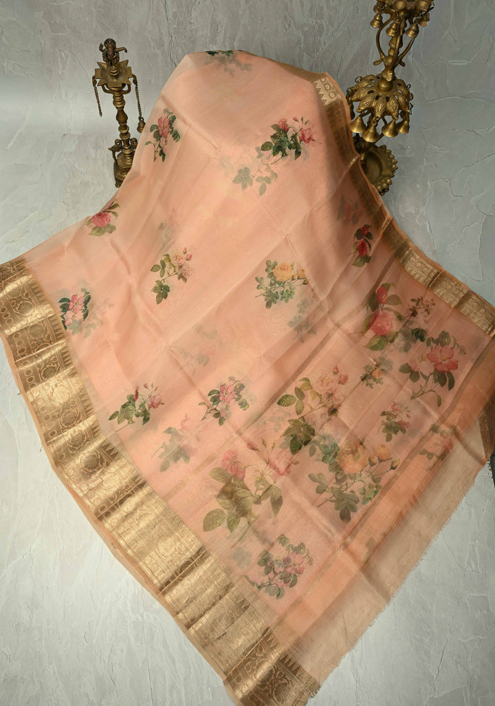 Peach Pure Organza Silk Saree with Floral Digital Print and Zari Border | SILK MARK CERTIFIED
