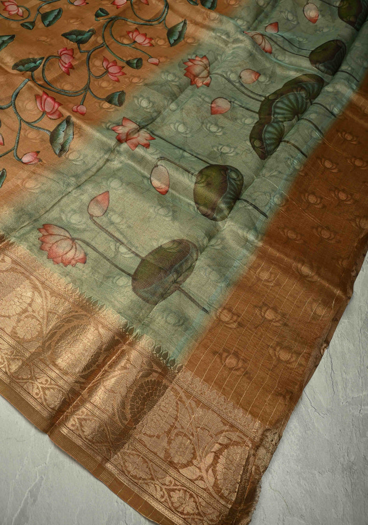 Camel Brown Tussar By Kora Silk Saree with Digital Lotus Floral Print and Zari Border | SILK MARK CERTIFIED