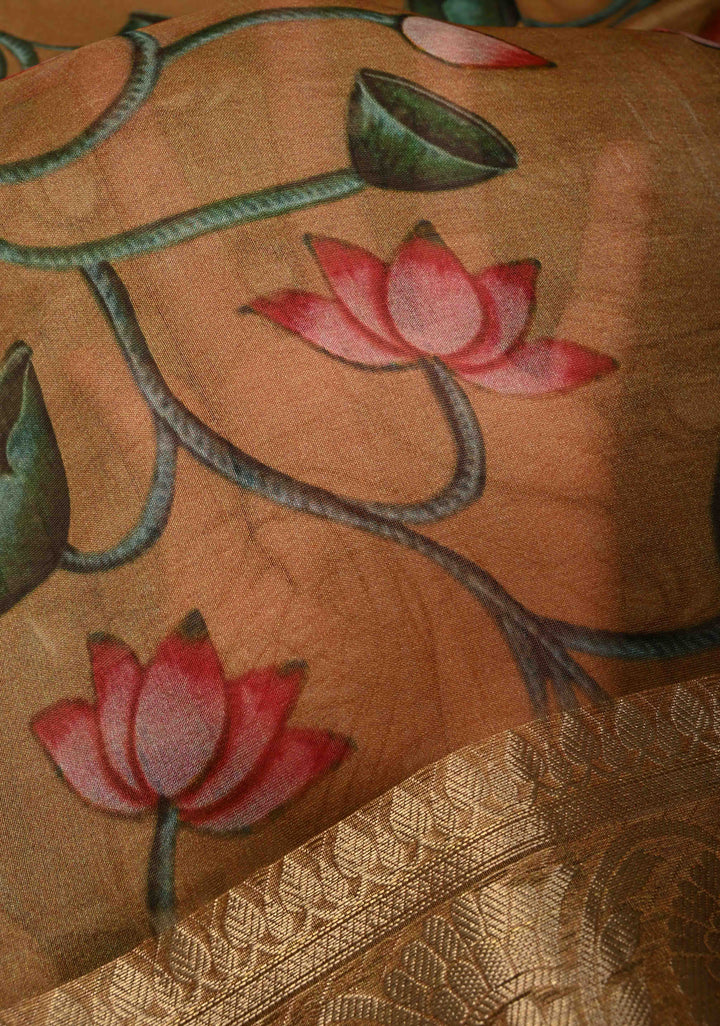 Camel Brown Tussar By Kora Silk Saree with Digital Lotus Floral Print and Zari Border | SILK MARK CERTIFIED