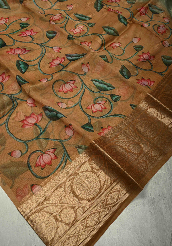 Camel Brown Tussar By Kora Silk Saree with Digital Lotus Floral Print and Zari Border | SILK MARK CERTIFIED