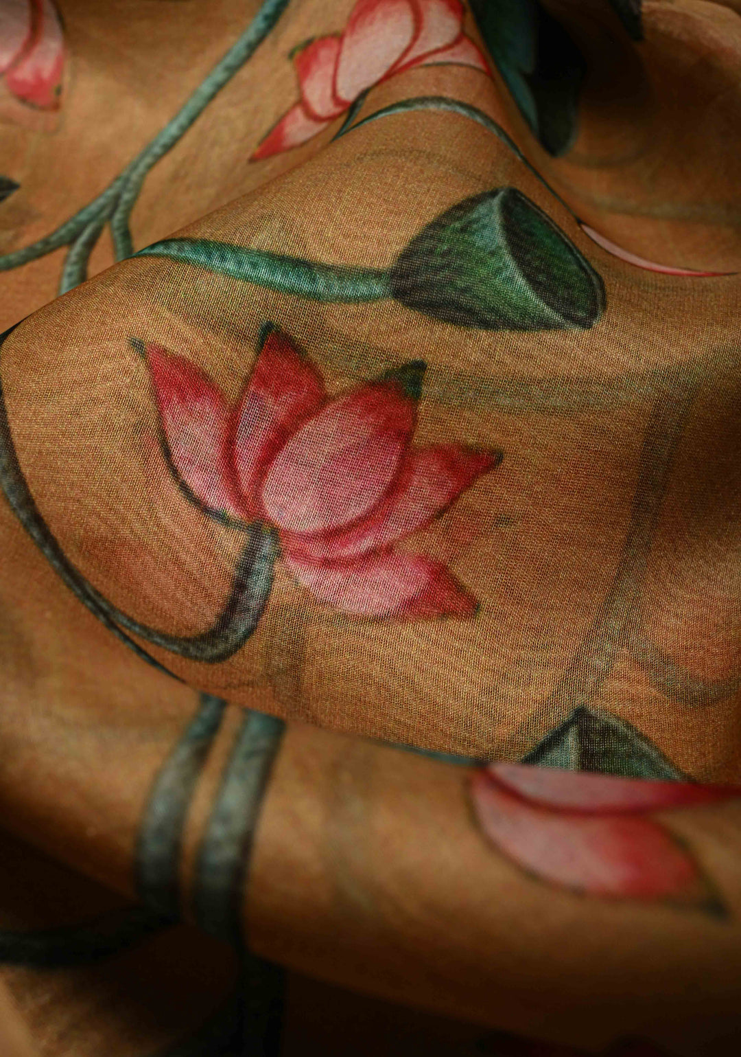 Camel Brown Tussar By Kora Silk Saree with Digital Lotus Floral Print and Zari Border | SILK MARK CERTIFIED