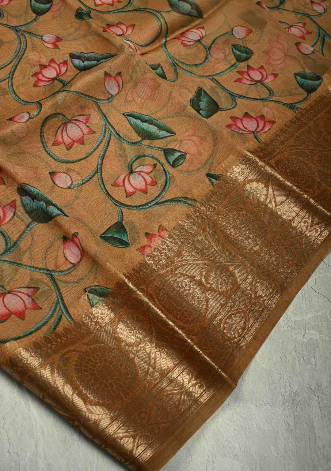 Camel Brown Tussar By Kora Silk Saree with Digital Lotus Floral Print and Zari Border | SILK MARK CERTIFIED