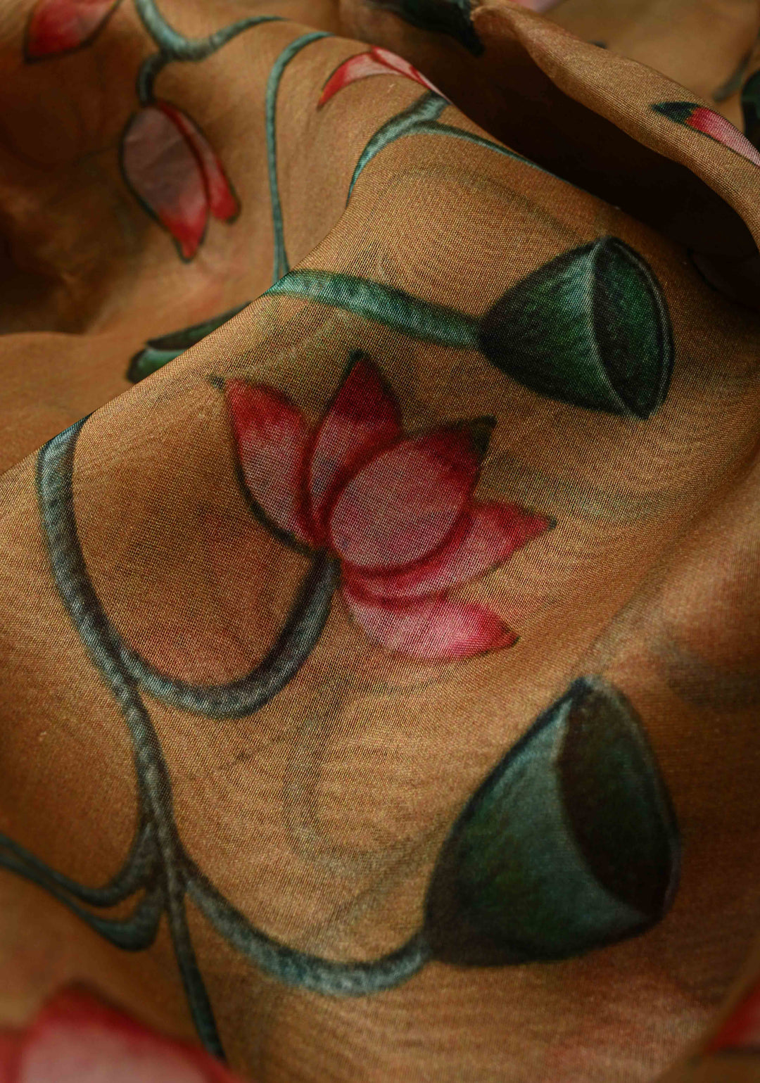 Camel Brown Tussar By Kora Silk Saree with Digital Lotus Floral Print and Zari Border | SILK MARK CERTIFIED