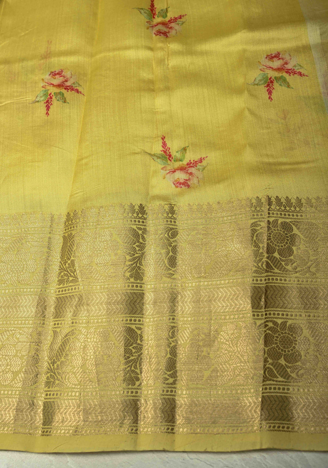 Musturd Yellow Pure Organza Silk Saree with Floral Digital Print and Zari Border | SILK MARK CERTIFIED