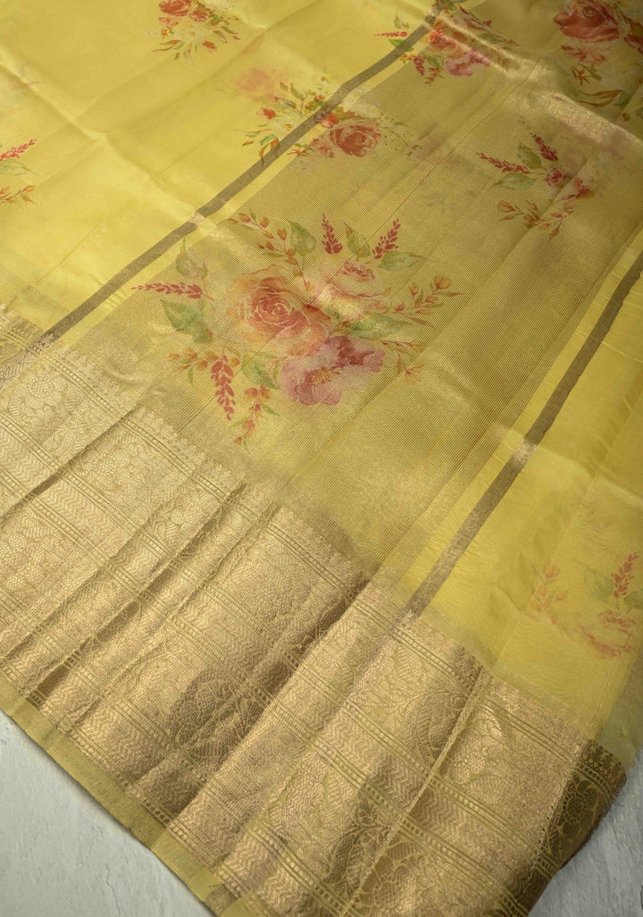 Musturd Yellow Pure Organza Silk Saree with Floral Digital Print and Zari Border | SILK MARK CERTIFIED