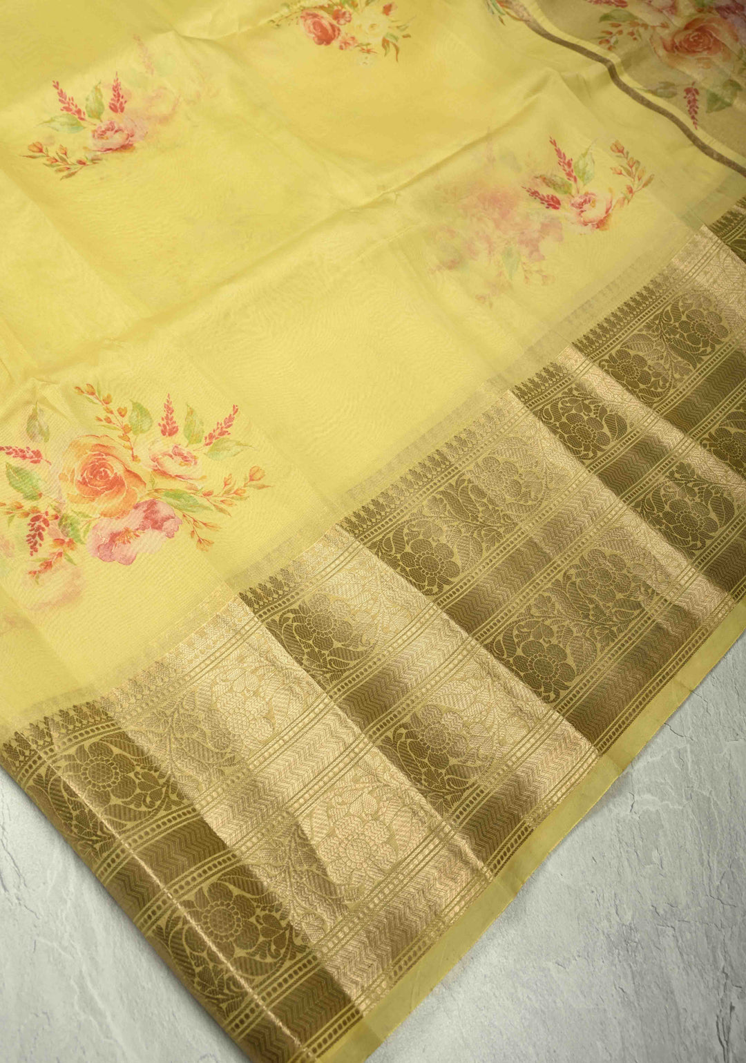 Musturd Yellow Pure Organza Silk Saree with Floral Digital Print and Zari Border | SILK MARK CERTIFIED