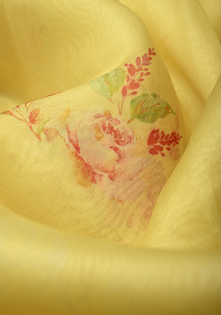 Musturd Yellow Pure Organza Silk Saree with Floral Digital Print and Zari Border | SILK MARK CERTIFIED