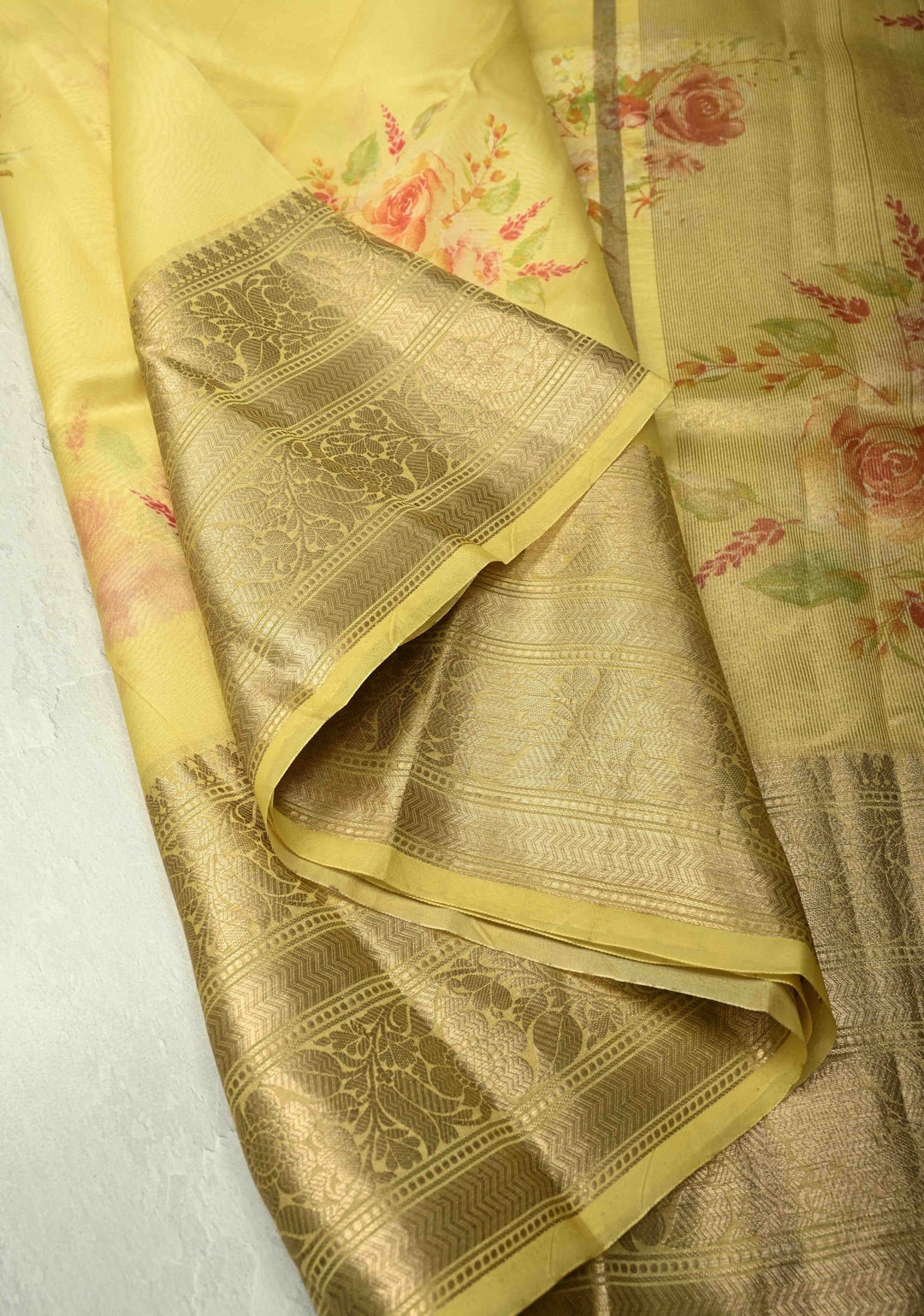 Musturd Yellow Pure Organza Silk Saree with Floral Digital Print and Zari Border | SILK MARK CERTIFIED