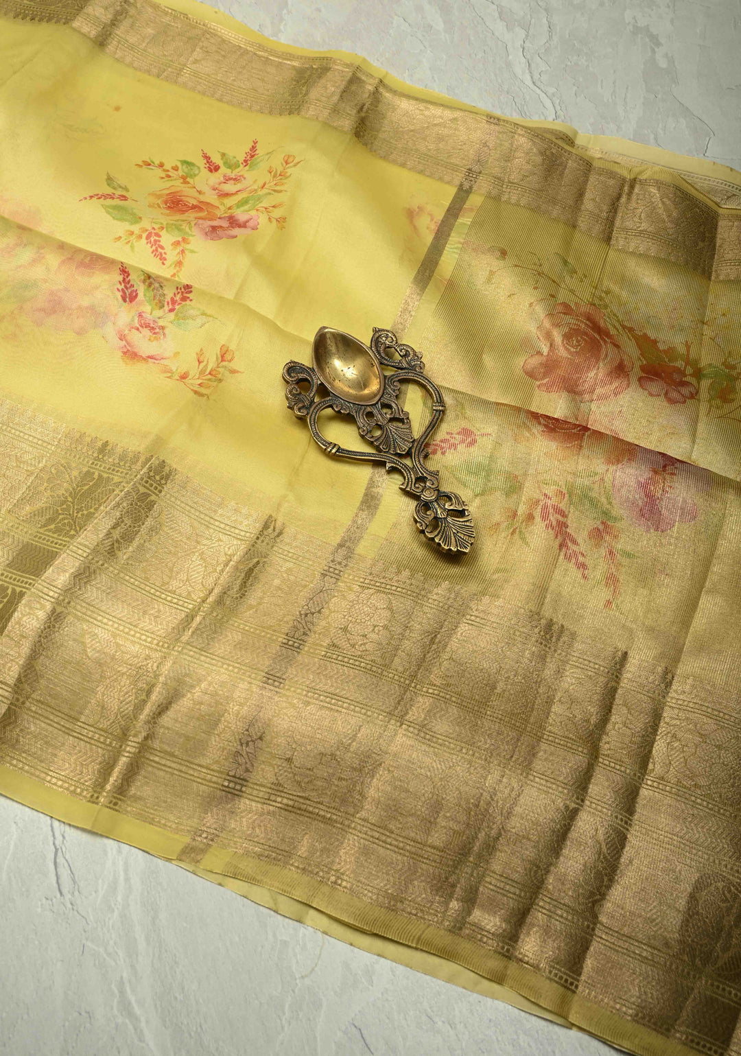 Musturd Yellow Pure Organza Silk Saree with Floral Digital Print and Zari Border | SILK MARK CERTIFIED