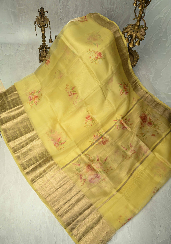 Musturd Yellow Pure Organza Silk Saree with Floral Digital Print and Zari Border | SILK MARK CERTIFIED