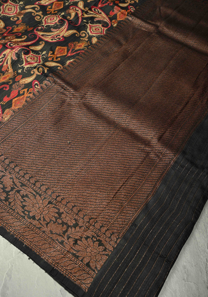 Black Banarasi Tussar Silk Saree with Digital Ikat Floral Print and Antique Zari Border | SILK MARK CERTIFIED