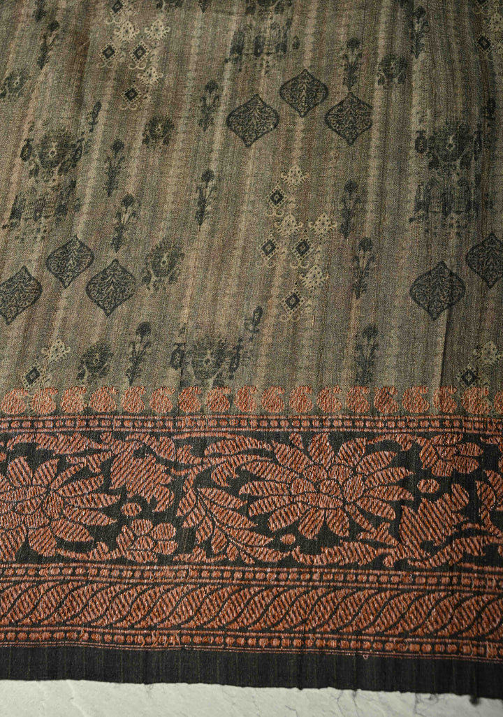 Black Banarasi Tussar Silk Saree with Digital Ikat Floral Print and Antique Zari Border | SILK MARK CERTIFIED