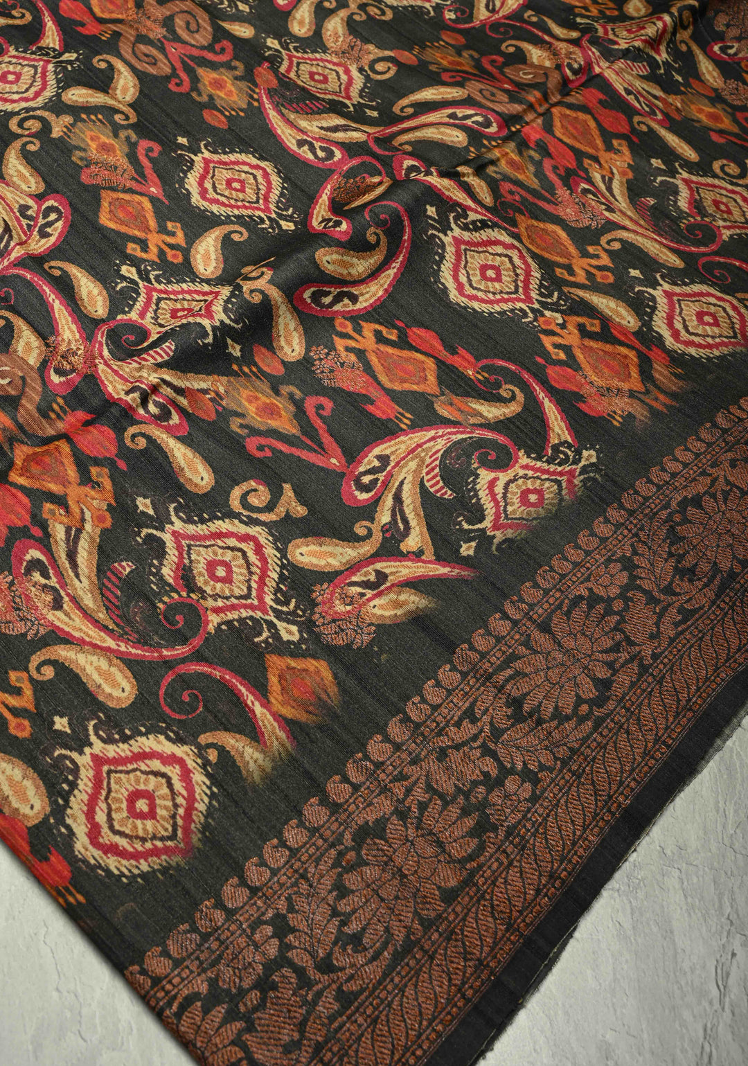 Black Banarasi Tussar Silk Saree with Digital Ikat Floral Print and Antique Zari Border | SILK MARK CERTIFIED