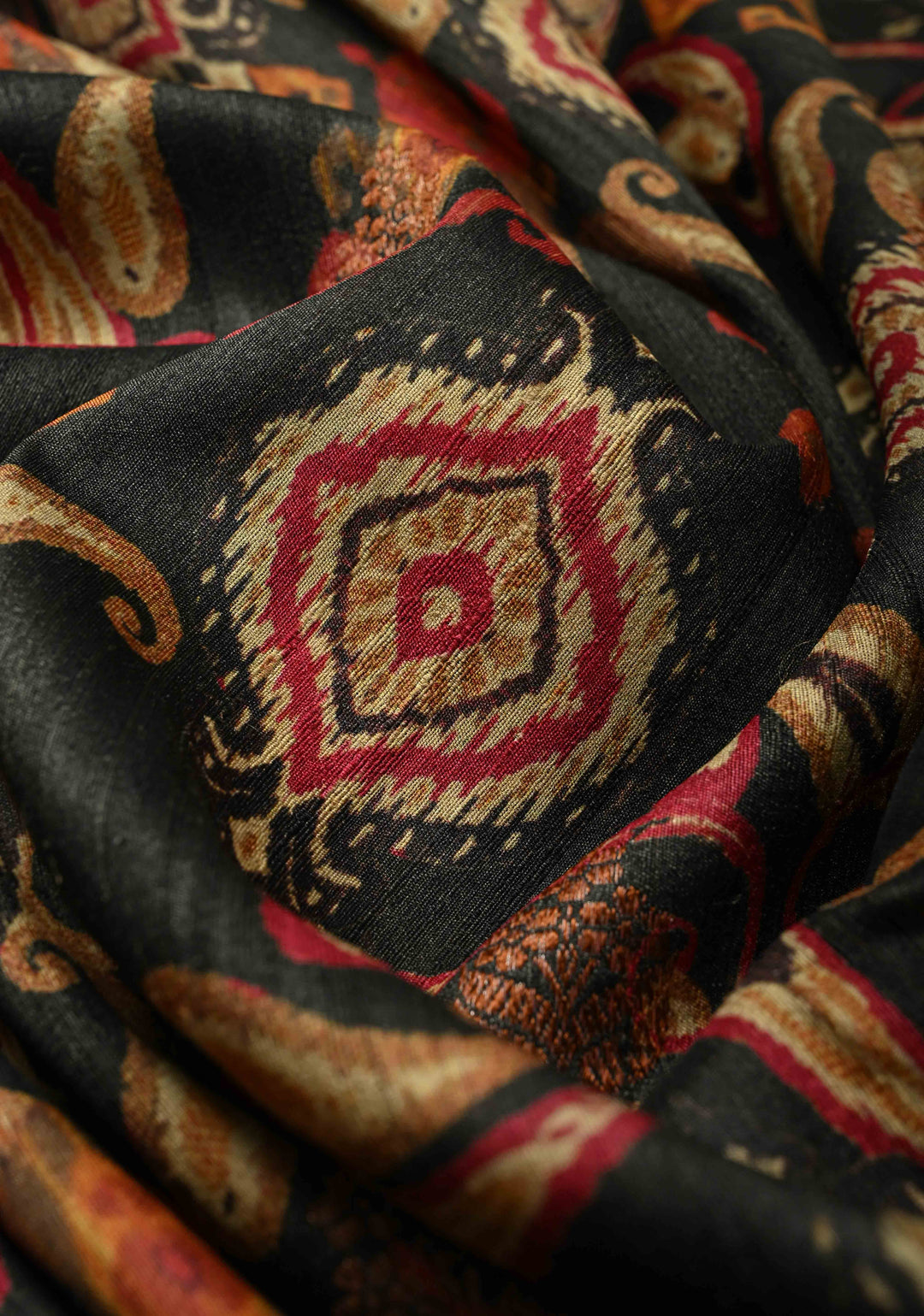 Black Banarasi Tussar Silk Saree with Digital Ikat Floral Print and Antique Zari Border | SILK MARK CERTIFIED