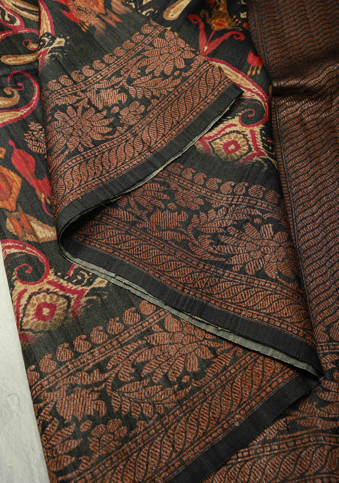 Black Banarasi Tussar Silk Saree with Digital Ikat Floral Print and Antique Zari Border | SILK MARK CERTIFIED